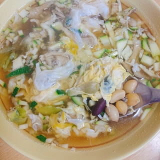 ズッキーニ 舞茸 レタス サラダ豆の卵スープ